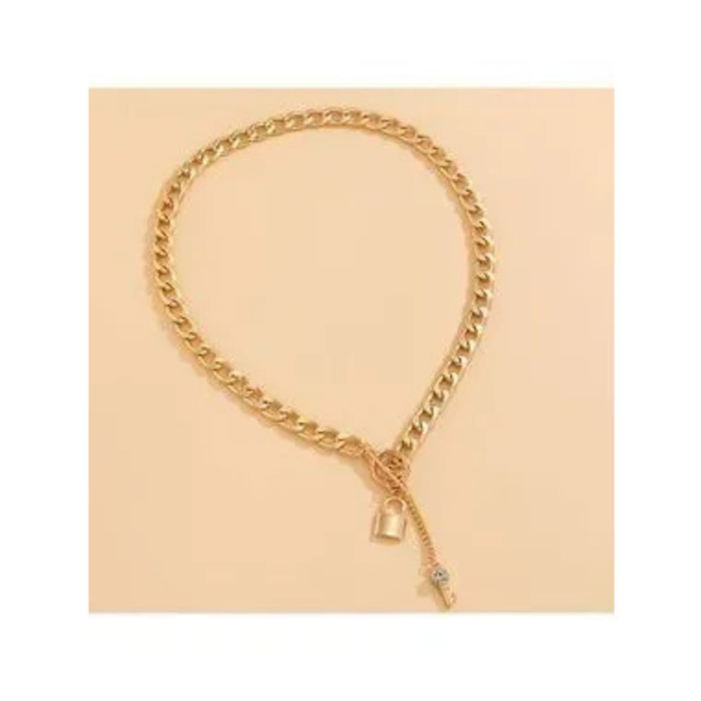 Gold Tone Chunky Chain Padlock & Key Necklace Statement Choker 3/$30 - Picture 2 of 2